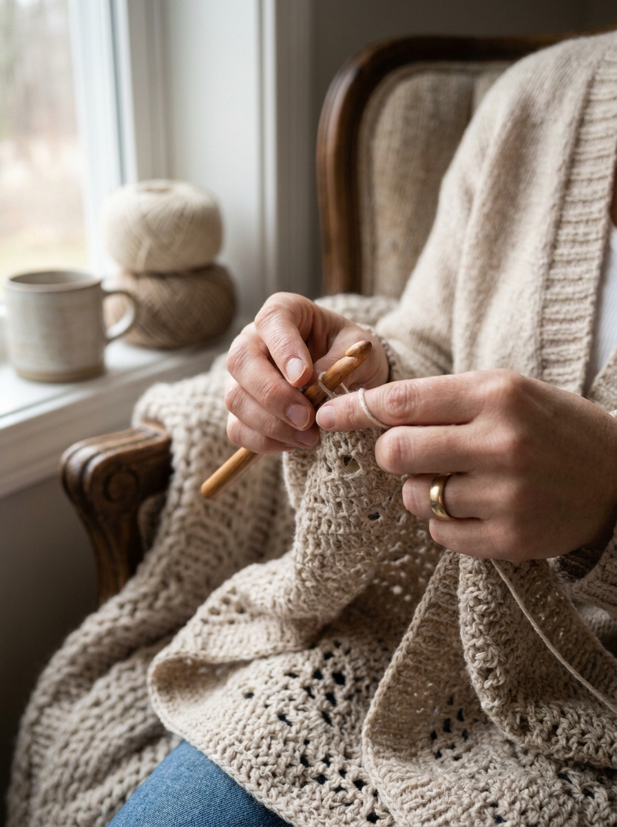 Woman crocheting beige cardigan