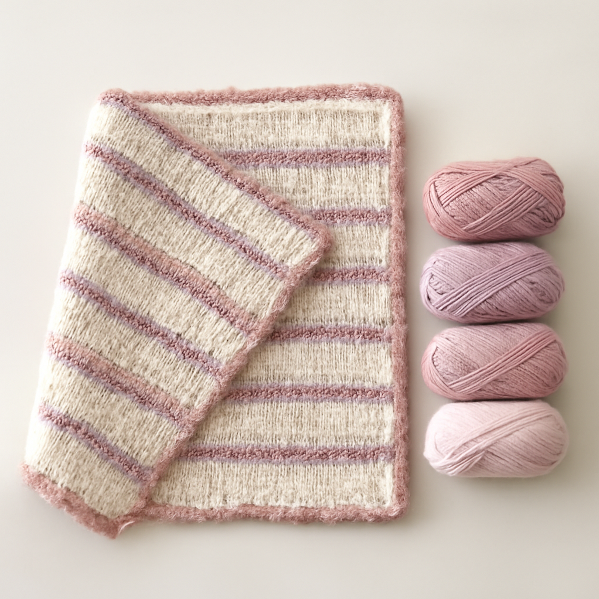 A striped baby blanket in light pink, lavender, and cream with scalloped edges, measuring approximately 36x30 inches.