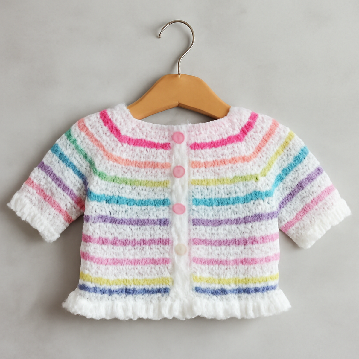Colorful baby cardigan in white, pink, yellow, blue, purple, and green with ruffled edges, short sleeves, and three pink buttons.