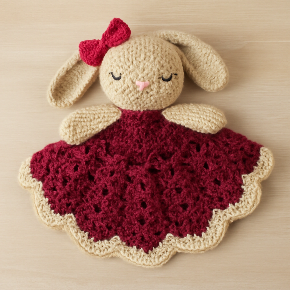 A crochet bunny lovey toy featuring a round body with a bunny head, a beige blanket with a scalloped border, and a pink bow.