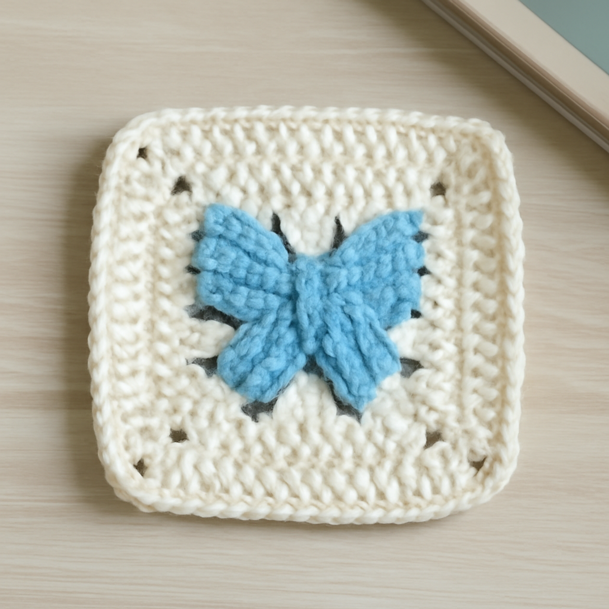 A completed Butterfly Granny Square crochet piece featuring white, light blue, cream, and green yarn with butterfly motifs and textured edges.