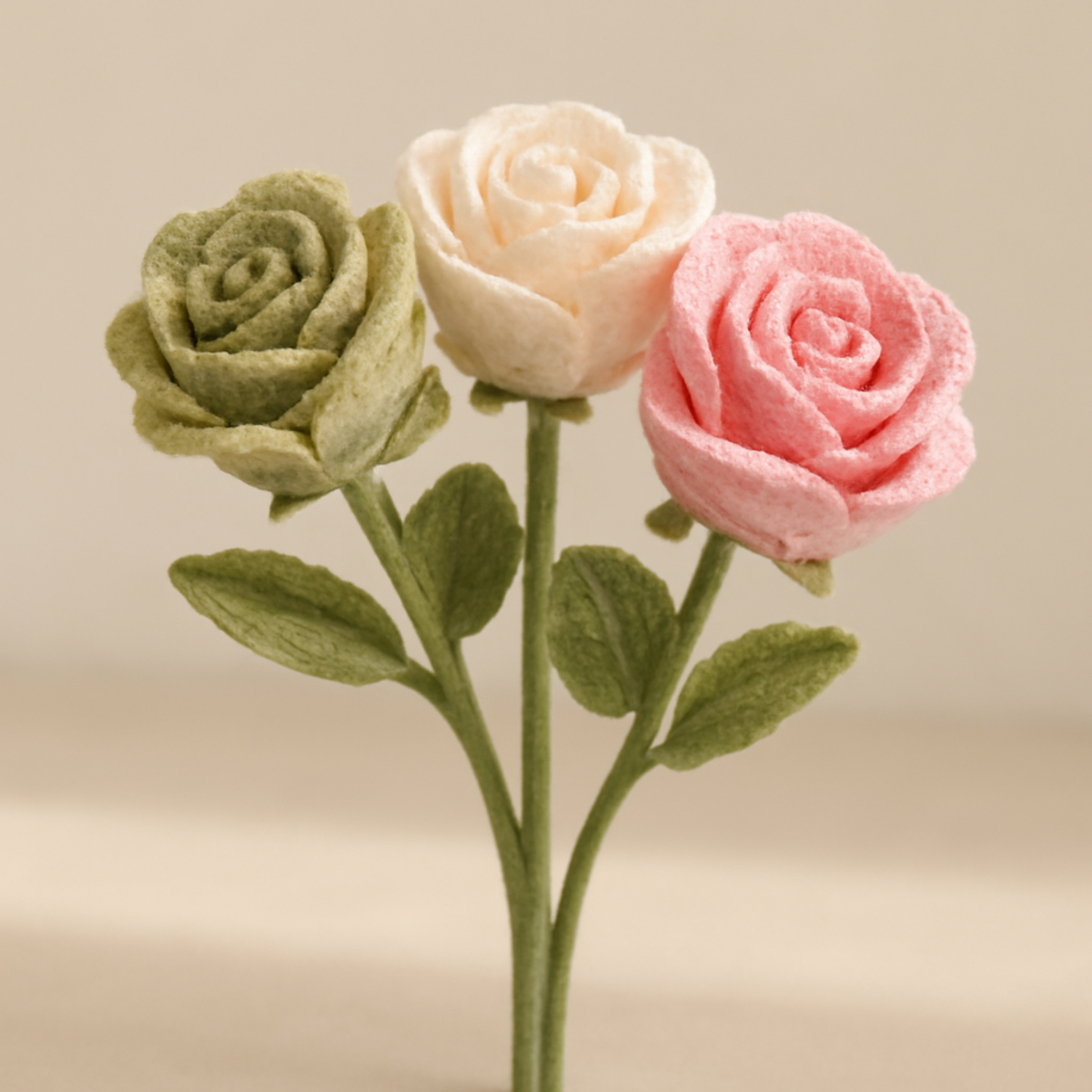 A Charming Crochet Flower Bouquet featuring pink, white, and green flowers, intricately detailed with serrated leaf edges, measuring 12-15 inches in height.