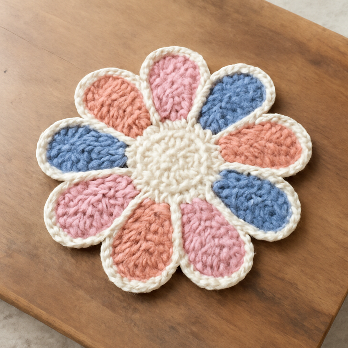 Five colorful flower-shaped coasters in pink, coral, blue, and cream with contrasting edges, measuring approximately 6-7 inches in diameter.