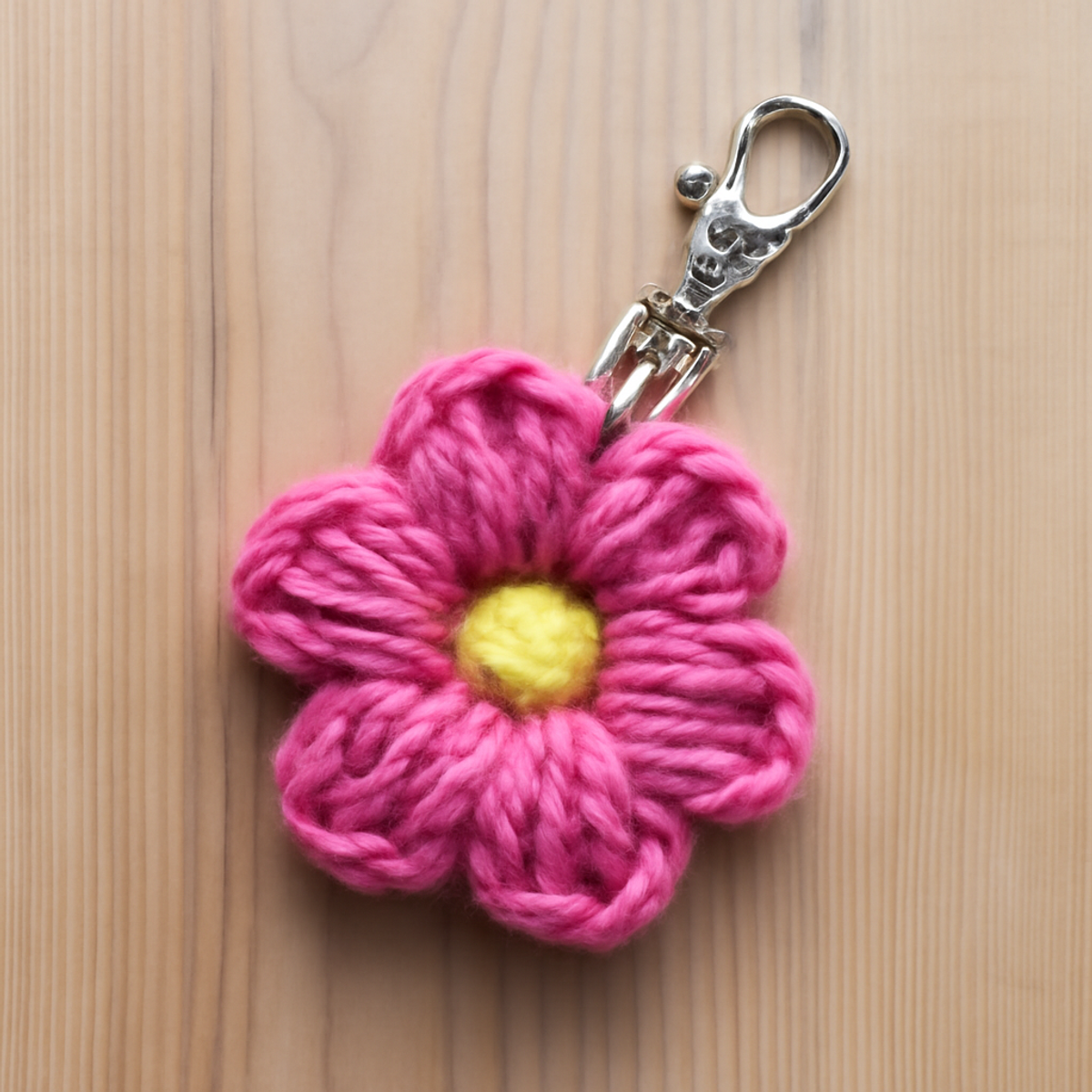 Charming Crochet Flower Keychain with fluffy petals in vibrant pink, orange, white, and yellow colors, featuring a lobster clasp.