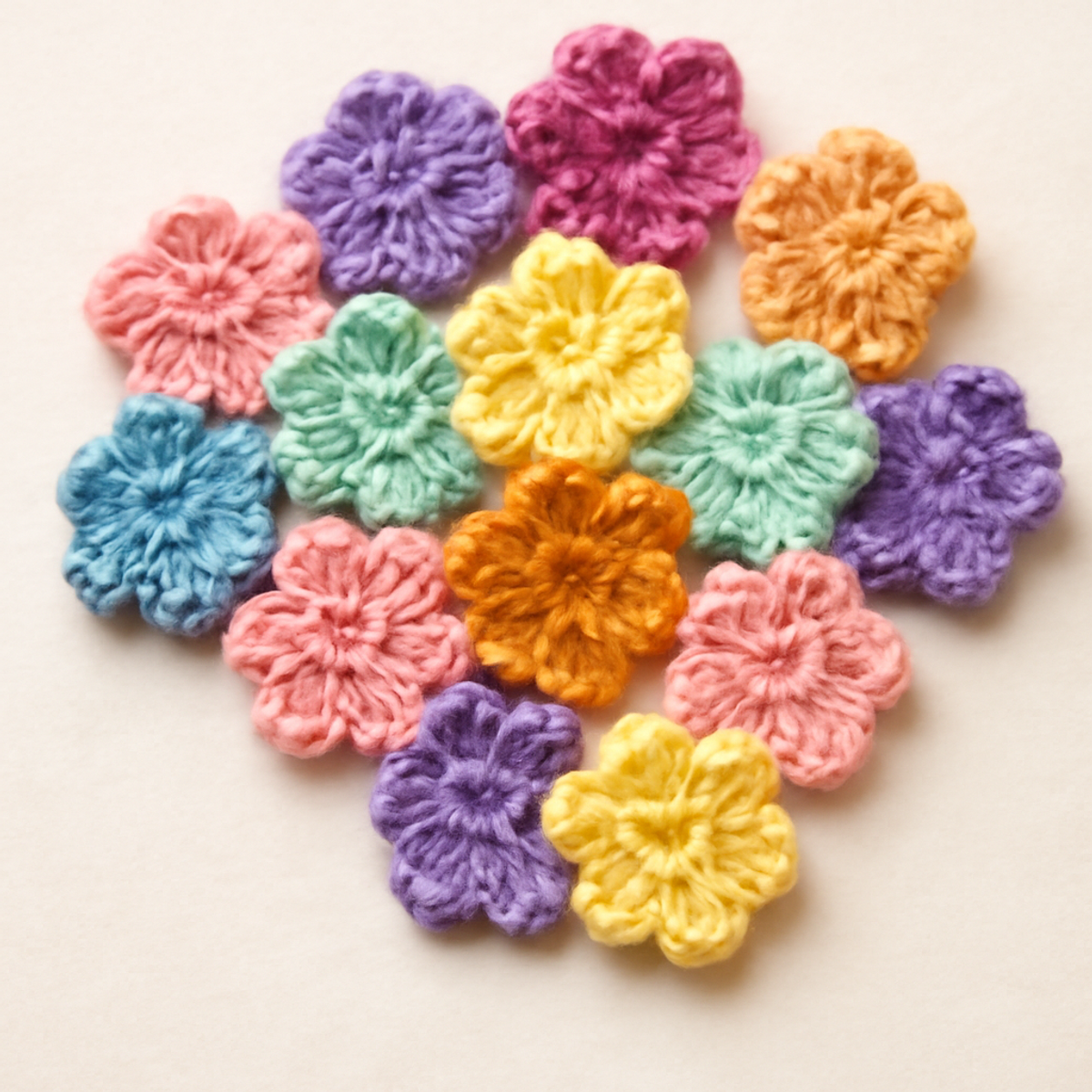 A collection of colorful crochet flower motifs in pink, purple, blue, green, yellow, and orange, featuring layered petals and a three-dimensional design.