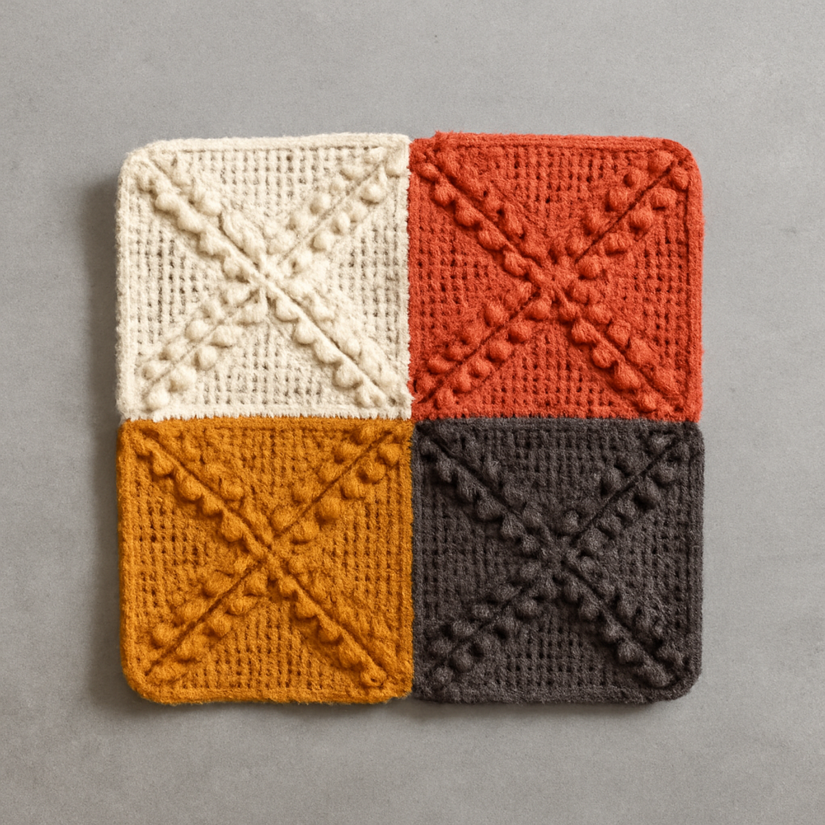 A set of crochet granny squares in cream, rust orange, mustard yellow, and deep brown, showcasing raised textured stitches in a farmhouse style.