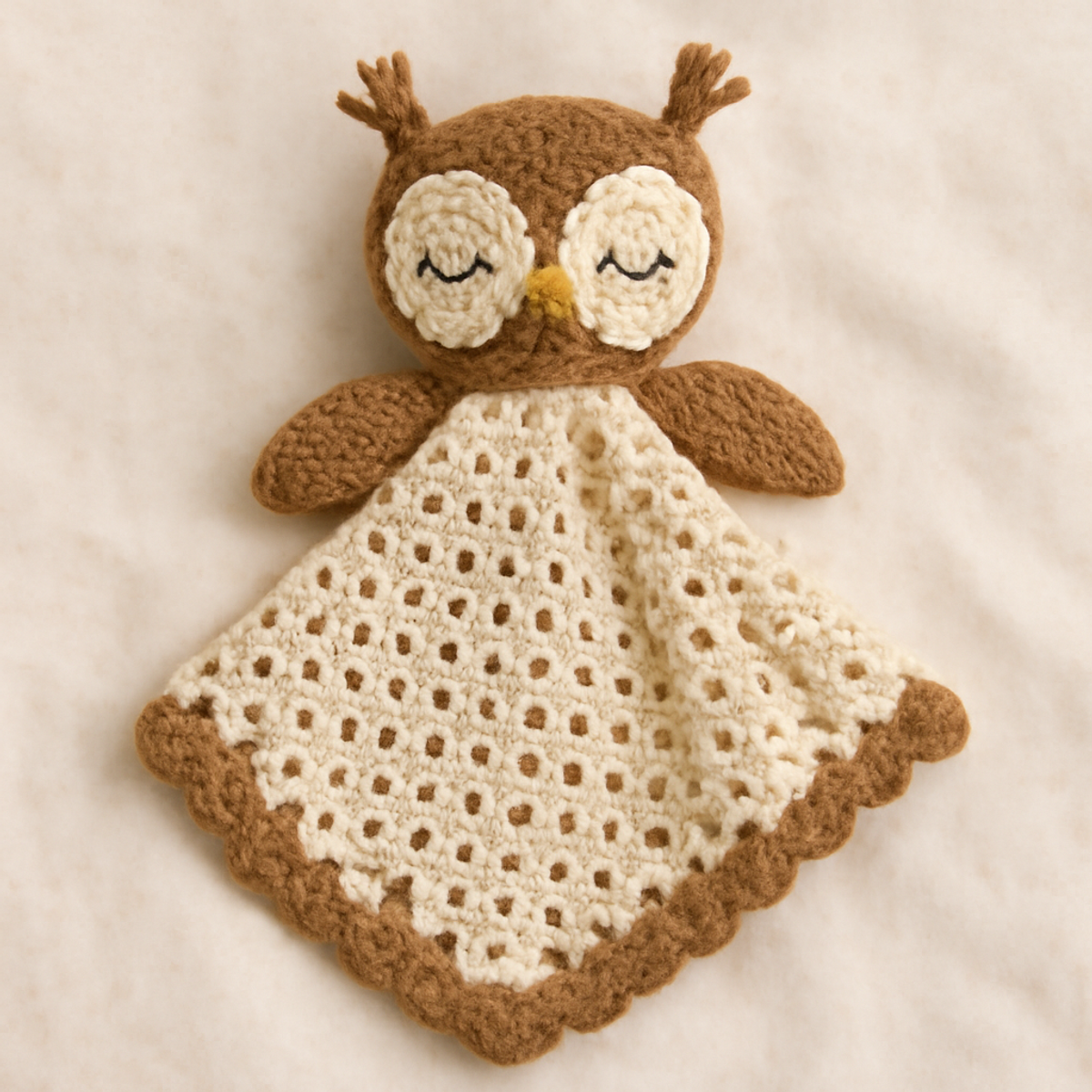 Crochet owl lovey featuring a cream and brown owl head on a square blanket with a scalloped border, measuring approximately 14-16 inches long.