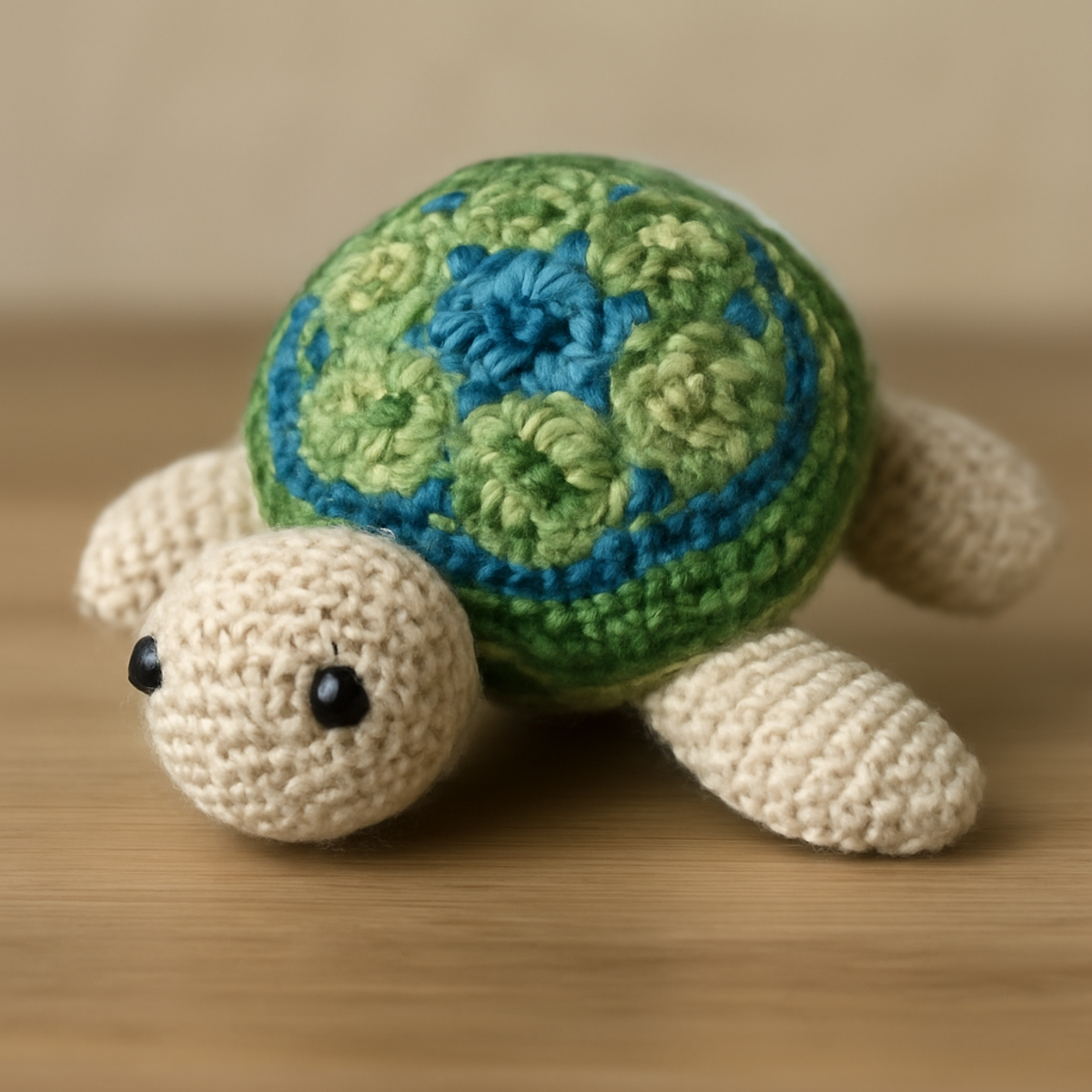 A handmade Crochet Sea Turtle Amigurumi featuring light beige, dark green, light green, and blue colors, with flippers and a textured shell design.