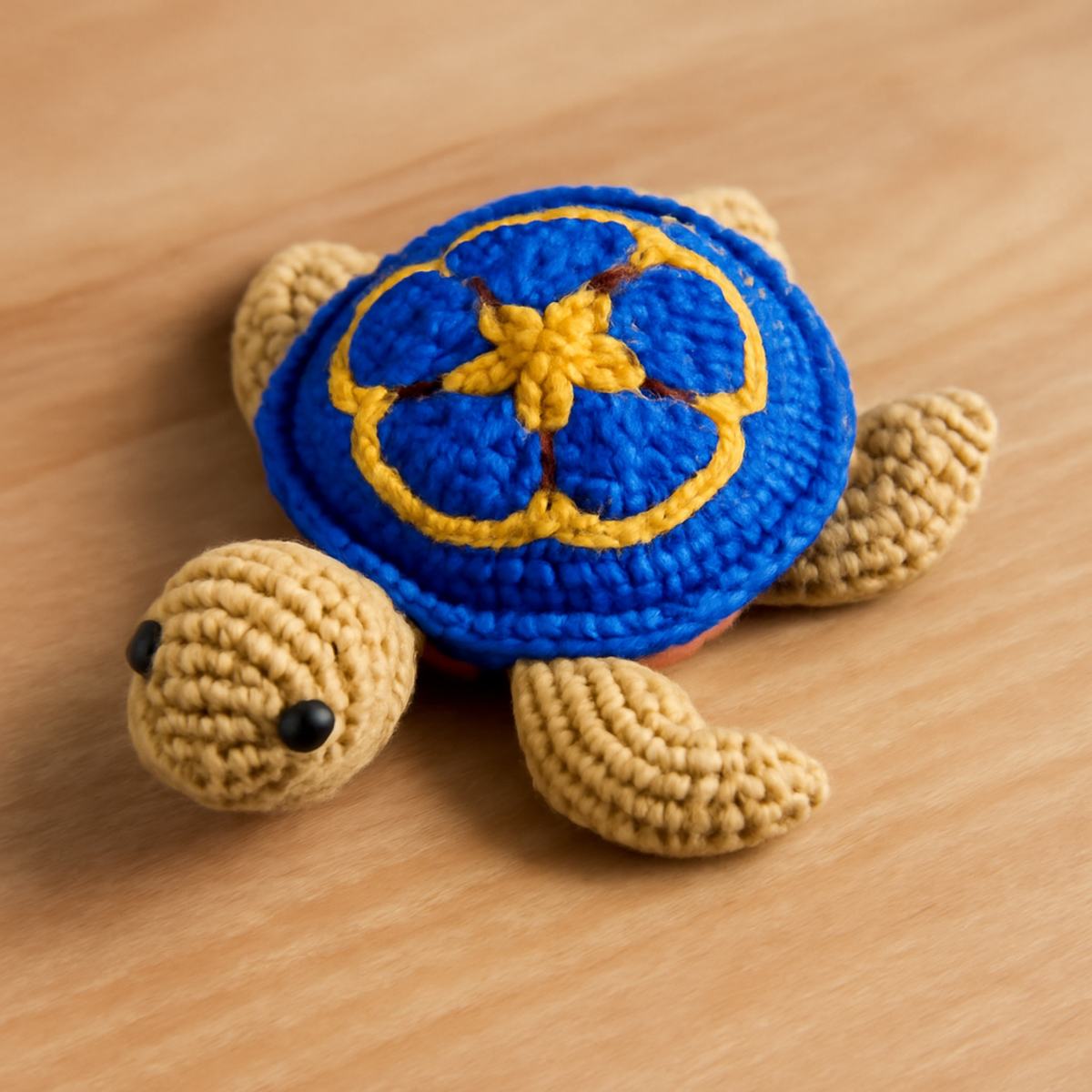 A collection of crocheted sea turtles in various colors including blue, yellow, green, pink, peach, beige, and brown, showcasing unique shell patterns and small black safety eyes, each measuring 4-5 inches long.