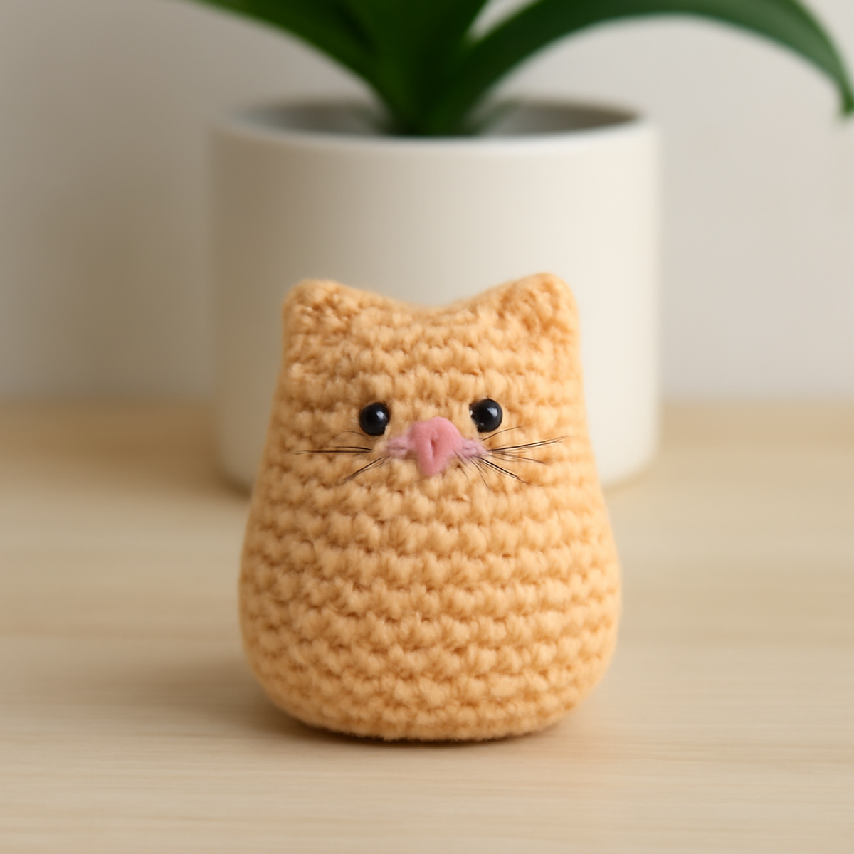 A handmade Itty Bitty Kitty Amigurumi in soft cream, light gray, and warm beige colors, featuring small rounded ears and beaded black eyes.